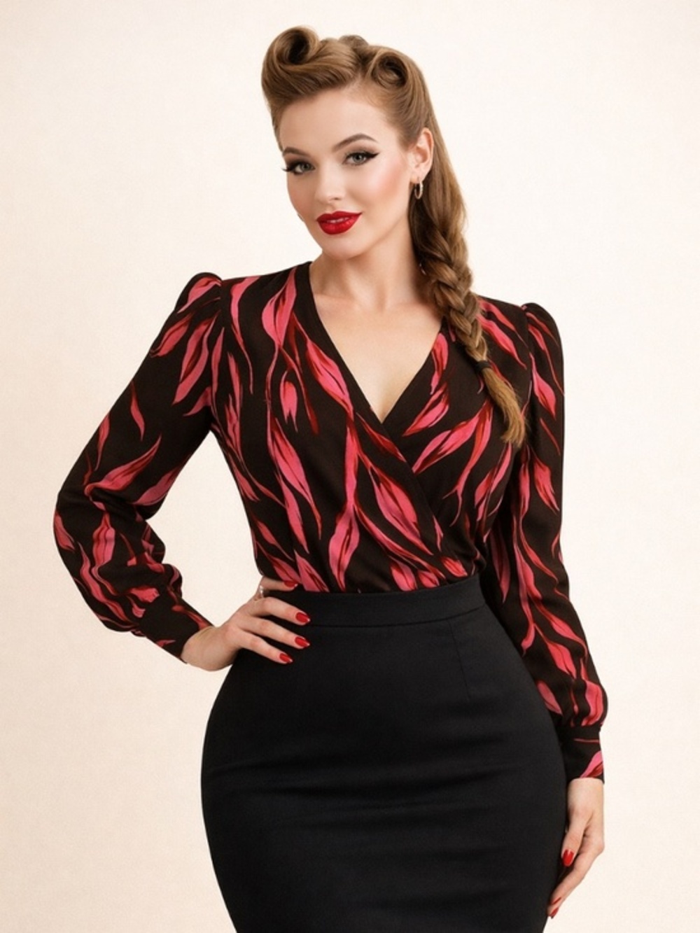 Lush Retro Pin Up Wrap Blouse Pink Black Puff Sleeve Top, Size S
